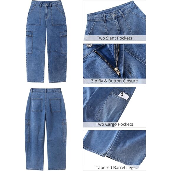 Women Jeans High Waisted Crop Cargo Pockets Wide Leg Stretch Denim - Picture 5 of 6